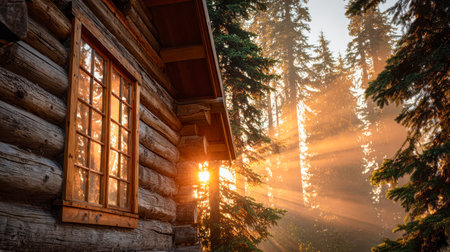 A cozy wooden retreat glows under gentle sunlight, with dense pine surroundings creating a peaceful, timeless atmosphere at dawn or dusk.の写真素材