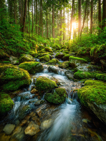 Warm rays pierce through soaring trees, illuminating a tranquil, moss-adorned riverbed amidst...