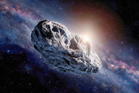 A massive, uneven rocky body glows softly from a faraway star as it journeys through a dazzling galaxy filled with vivid dust clouds and shimmering star groups.の写真素材