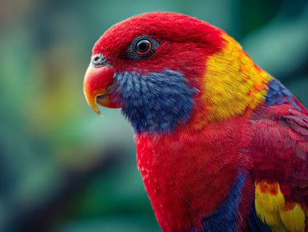 A vividly hued parrot with detailed feather patterns rests on a branch, its piercing gaze contrasted by lush greenery blurred in the backdrop.の写真素材