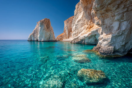 Vibrant turquoise waves softly caress majestic limestone formations bathed in sunlight, set beneath a crisp azure sky in an untouched coastal paradise.の写真素材