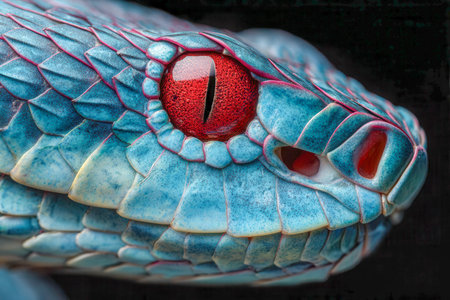 A detailed close-up reveals vibrant blue shimmered scales and a piercing crimson eye, emphasizing...
