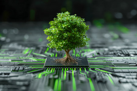 A tiny foliage emerges from a sleek black microchip, illuminated by vibrant green circuitry, highlighting the harmony innovation between and eco-conscious progress.の写真素材