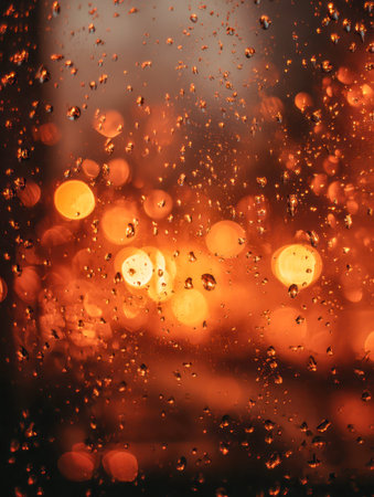 Gentle raindrops streak across a window as the setting sun casts golden hues, filling the scene with...