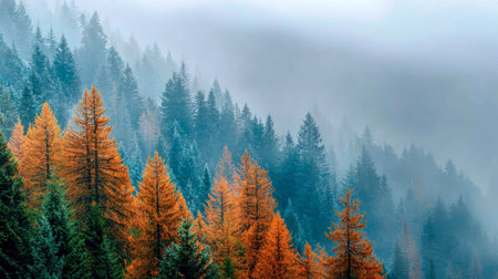 A serene mountain woodland shrouded in gentle mist, with fiery orange and lush green evergreens blending to form a captivating fall scene beneath delicate fog.の写真素材