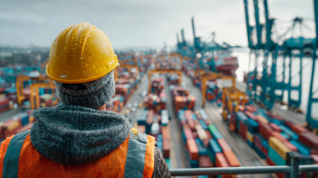 A vigilant crew member in safety gear observes ongoing port activities amid a sea of vibrant...