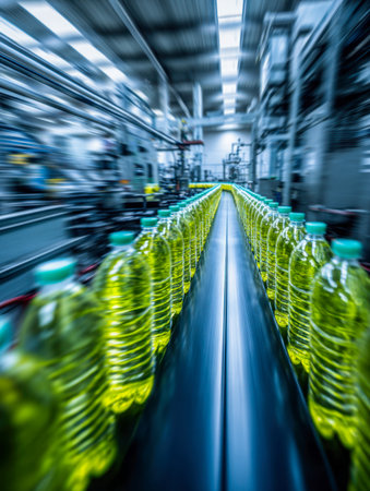 Bright yellow-filled bottles glide swiftly on a sleek conveyor system within a contemporary factory, captured with dynamic motion blur to emphasize efficiency.の写真素材