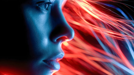 A woman?s silhouette is highlighted by vivid red and blue neon strands, crafting a sleek, futuristic...