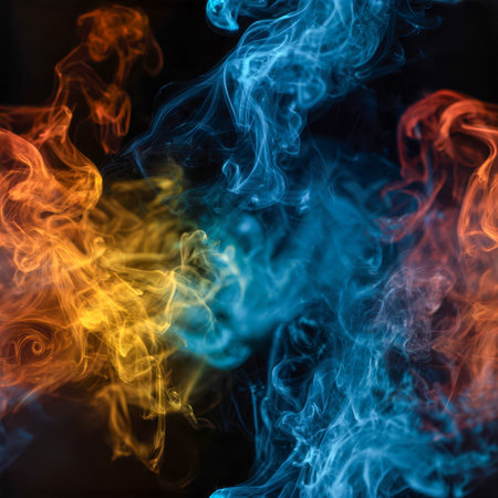 Dynamic tendrils of fiery orange and golden yellow intertwine with cool blue wisps, forming an...