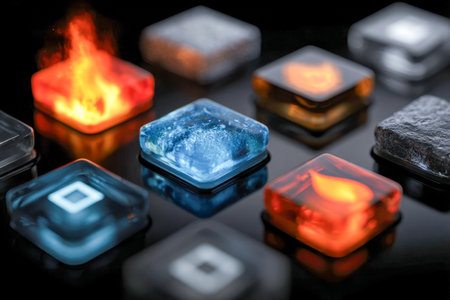 Vibrant glass sculptures with luminous fiery and aquatic effects form a stunning abstract mosaic, mirroring on a sleek surface, evoking a dynamic futuristic ambiance.の写真素材