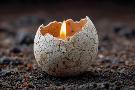 A gentle flame flickers within a fragile eggshell fragment nestled on coarse earth, evoking themes of vulnerability and inner glow amid natural surroundings.の写真素材