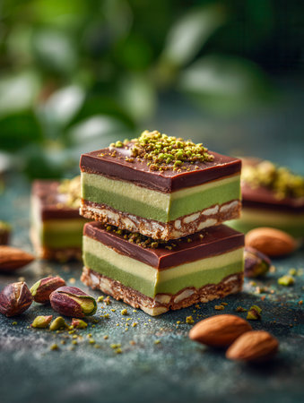 Elegant dessert stacks featuring green pistachio and rich chocolate layers, accented with whole nuts and crushed pistachios on a textured surface under gentle natural ligの写真素材