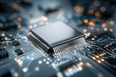 Close-up of a sleek microchip revealing detailed circuitry and glowing contact nodes, set against a...