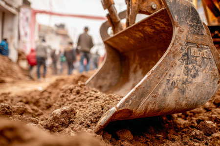 A weathered excavator attachment grips fresh earth amidst a bustling site, with indistinct workers...