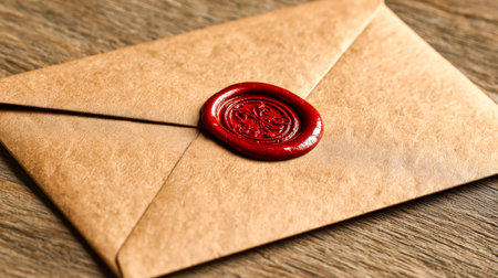 An aged envelope crafted from textured kraft paper, delicately sealed with an ornate red wax emblem,...