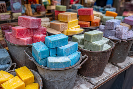 Vibrant, handcrafted soap slabs arranged in aged metal basins evoke authentic artistry and organic wellness at a lively open-air marketplace.の写真素材
