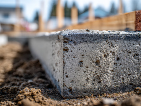 A rugged concrete base with uneven surface detailing supports timber frame, capturing the initial steps of outdoor home construction.の写真素材
