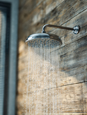 A sleek stainless steel rainfall shower streams water over aged wooden paneling, creating a warm, inviting atmosphere in a charming, rustic bathroom.の写真素材