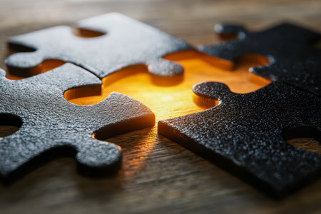 Complementary puzzle segments on a wooden base emit a radiant glow through their connecting gap, symbolizing clarity, breakthroughs, and innovative thinking.の写真素材