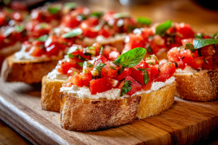 A tempting spread of toasted rustic bread slices layered with vibrant chopped tomatoes, fragrant herbs, and a smooth creamy topping, artistically displayed on a wooden plの写真素材
