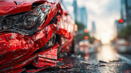 A crimson car bears severe front-end damage, including a shattered headlamp, lying amidst scattered wreckage on a damp city road under bright daylight.の写真素材