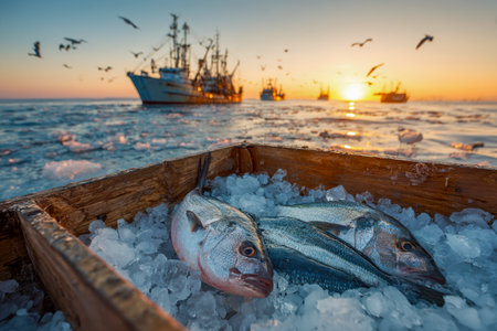 Vibrant catch glistens on icy bed, nestled in rustic wood, as twilight casts warm hues over distant vessels and keen seagulls soaring above the open sea.の写真素材