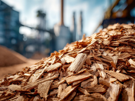 A mound of vibrantly textured wood shavings with warm, earthy hues, set against a softly blurred industrial backdrop highlighting natural raw material for sustainablの写真素材