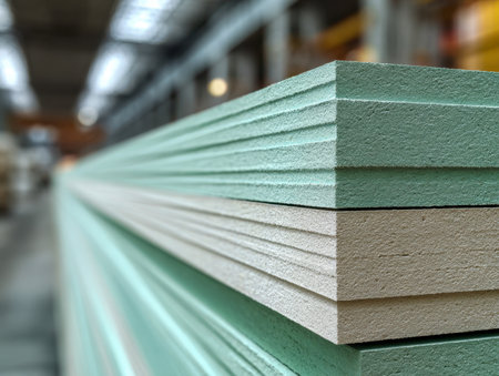 Neatly arranged foam panels in shades of green and beige showcase textured edges within an industrial warehouse setting, emphasizing order and robust storage conditiの写真素材