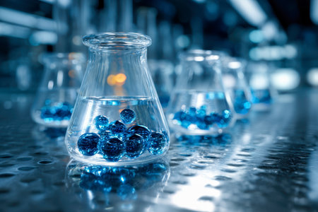 Incandescent reflections dance on a sleek metallic base as transparent vials holding shimmering blue orbs to evoke precision and innovation in a high-tech lab setting.の写真素材