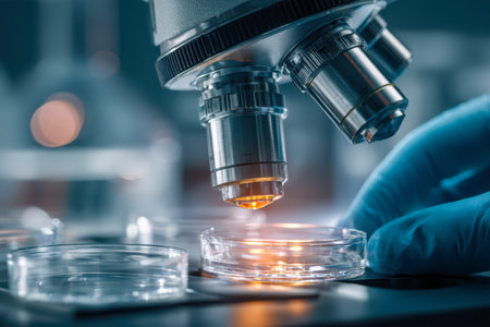 A researcher in a sleek lab carefully observes specimens beneath a microscope, adjusting a petri...