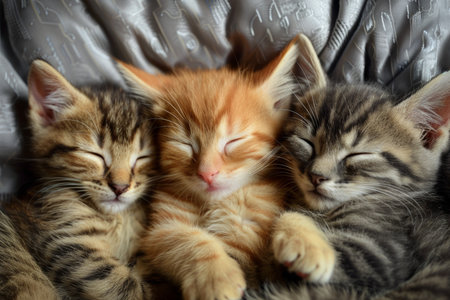 Three cute cats sleeping - adorable felines resting peacefully in a calm and serene slumberの写真素材