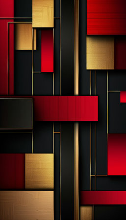 Abstract geometric presentation in gold, red, and black - contemporary art for saleの写真素材