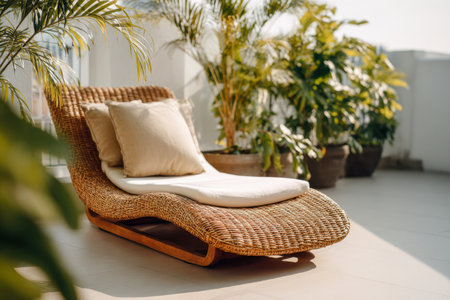A welcoming, handcrafted chair adorned with plush cushions sits amid vibrant greenery, forming a tranquil oasis perfect for outdoor leisure in warm sunlight.の写真素材