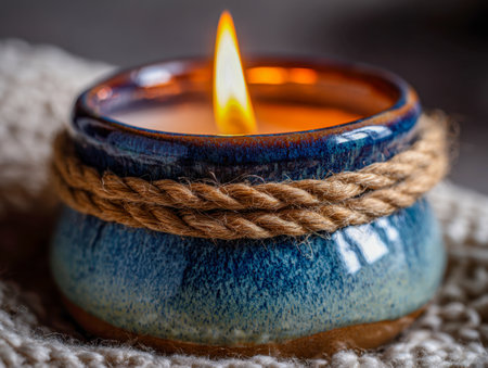 A soothing scene featuring a vibrant blue ceramic candle resting in a rustic jute wrap, casting a gentle glow to promote comfort and peaceful moments.の写真素材