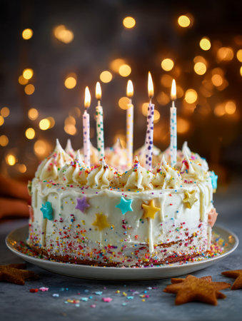 A vibrant, multi-layered dessert adorned with glowing candles and shimmering star-shaped accents, surrounded by cheerful sprinkles and cozy gingerbread treats under warm,の写真素材