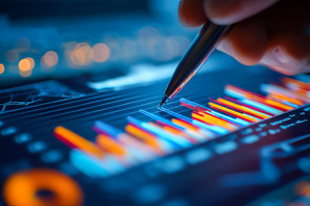 A professional examines vibrant data visuals on a luminous tablet, utilizing a stylus to interpret market trends and refine strategic decisions.の写真素材