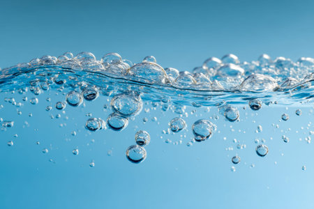 Tiny, gleaming bubbles ascend gracefully beneath a calm, glassy surface, shimmering against a...