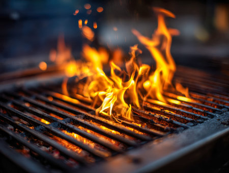 Vibrant orange flickers flicker across a rugged metal grate, igniting a cozy ambiance for outdoor...