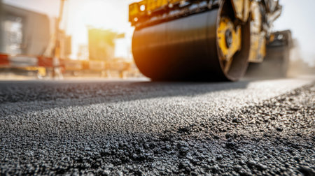 A heavy machinery presses down on a newly paved city street, with warm sunlight casting long shadows...