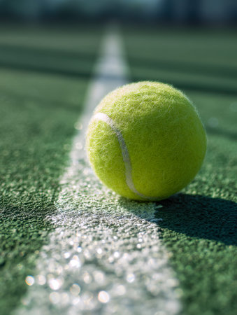 A vibrant yellow tennis ball sits precisely on the rough green court, perfectly aligned with the bright white out-of-bounds line, under clear daylight before play be