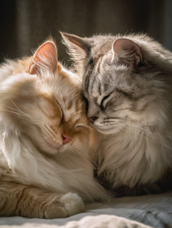 Two plush cats rest peacefully together inside, their heads softly pressed and eyes gently shut,...
