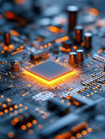 A sleek, luminous microchip at the heart of a cutting-edge circuit board, showing detailed...