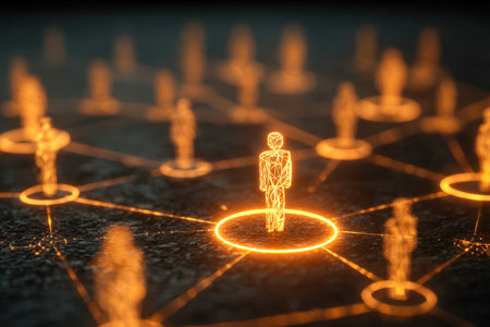 Luminous virtual personas form a web of connections around a prominent human symbol, illustrating the pulse of digital interactions and global social bonds.の写真素材