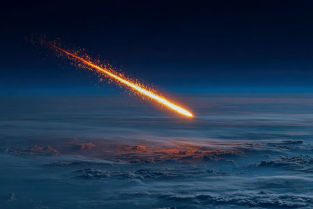 A blazing fireball cuts through a midnight-blue sky at twilight, illuminating dense clouds below and evoking a powerful, awe-inspiring cosmic display.の写真素材