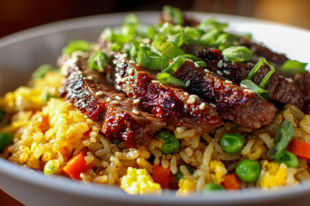 Juicy grilled beef slices topped with fresh green onions sit atop vibrant fried rice with peas,...