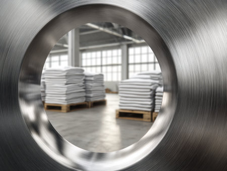 A perspective from within a massive metallic spool reveals neatly arranged white storage bags on pallets, illuminated by bright warehouse lighting in a spacious industryの写真素材