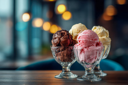 A cozy scene featuring three transparent bowls containing rich chocolate, berry, and classic vanilla ice creams on a rustic wooden surface, illuminated by gentle bokの写真素材