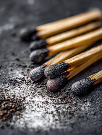 A collection of charred matches rests on a rough, dark background, with contrasting ashes...