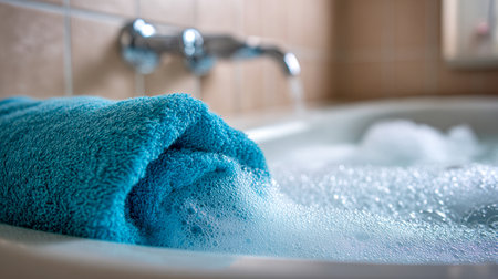 A gentle blue cloth drapes over the tub's rim amid frothy bubbles, with shining water streaming from a sleek chrome tap, creating a warm, inviting atmosphere.の写真素材