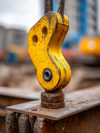 A faded yellow pulley mechanism with visible scratches and rust, intertwined steel cables, set against a softly blurred construction environment, highlighting industrialの写真素材